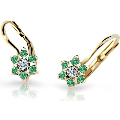 Danfil dětské náušnice kytičky C2152 ze žlutého zlata s kamínky Emerald Green zapínání klapka