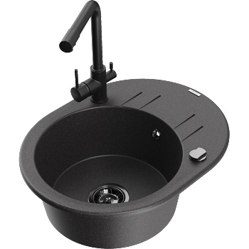 Mexen Kevin гранитна мивка 1-камерна с отцедник и кухненски смесител Duero, черен с петна - 6517-76-671600-70-B (6517-76-671600-70-B)