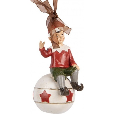 Závěsná vánoční dekorace sedící Elf na kouli 5*5*10 cm Clayre & Eef