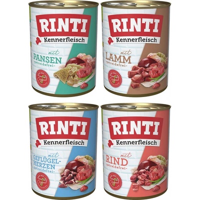 Rinti Kennerfleisch kombinované balení hovězí a drůbeží srdce jehněčí a bachor 24 x 800 g