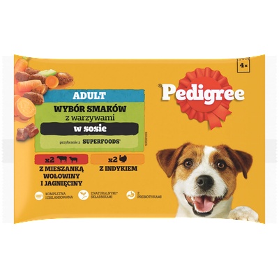 PEDIGREE Adult пакетчета 4x100 g - Избор от вкусове с моркови в сос, пълноценна влажна храна за възрастни кучета (парчета, богати на смес от говеждо и агнешко месо, и парчета, богати на пуешко месо)