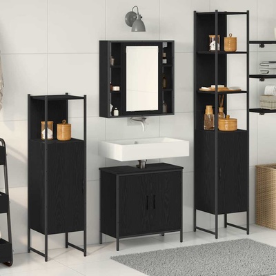 vidaXL Комплект мебели за баня с рафт 4 pcs Черно Инженерно дърво (3334429)
