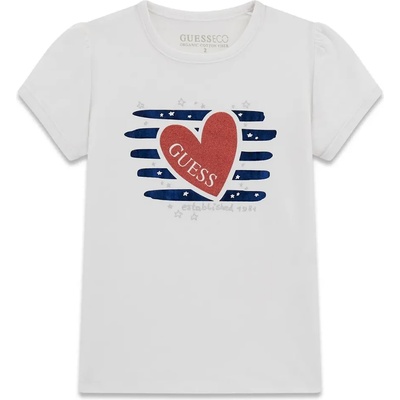 GUESS Бяла тениска със сини детайли и червено сърце за мини момиче Guess