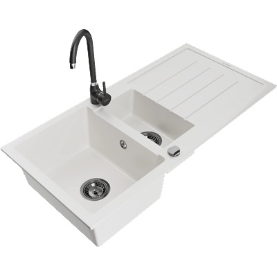 Mexen Andres гранитна мивка 1, 5-коморна с отцедник и кухненски смесител Telma, бяла - 6515-20-670200-70 (6515-20-670200-70)