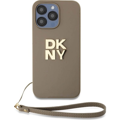 DKNY Stack Logo Wrist Strap Leather Hard Case - дизайнерски кожен кейс с връзка за носене за iPhone 15 Pro Max (бежов)