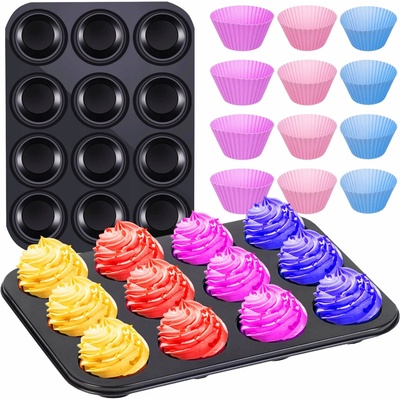 Kitchen&home 17212 Teflónový plech na muffiny 12ks silikónových košíčkov 35x26,5x3cm čierny