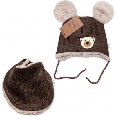 Baby Nellys Pletená zimná čiapka s kožúškom a šatkou Teddy Bear ružová