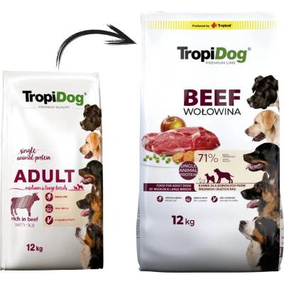 TropiDog Premium Adult Medium & Large Breed Beef with Rice 12 кг