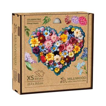 Milliwood Дървен пъзел Milliwood, Celebrating, 100 части - Цветно сърце (XS-FloralHeart-5080)