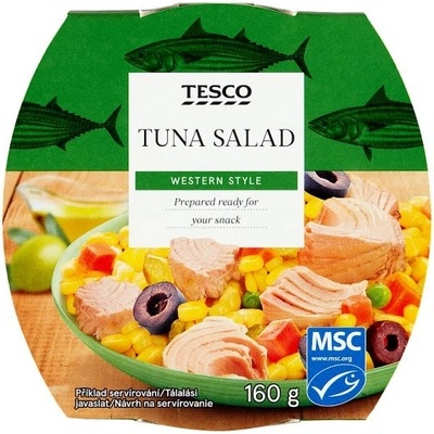 Tesco Tuniakový šalát s kukuricou, mrkvou, nakladanými uhorkami a čiernymi olivami 160 g