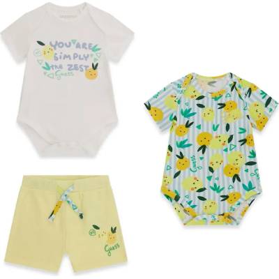 Guess Две къси бодита в бяло и цветно с лимони и къси жълти панталонки за бебе момче Guess