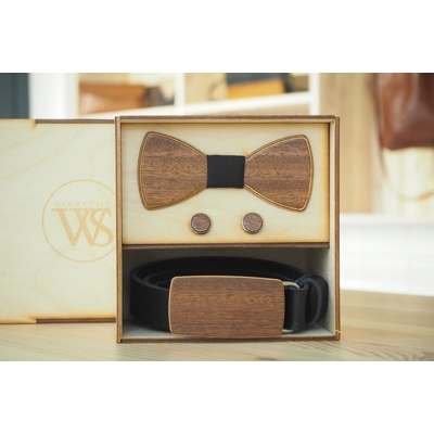 Wood Style Set Kulatý Třešeň opasek motýlek a manžetové knoflíčky černá