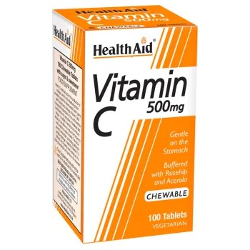 HEALTHAID Хранителна добавка Витамин Ц с ацерола и шипка, дъвчащи таблетки, Health Aid Vitamin C 500mg with Rosehip and Acerola 100 chew tabs