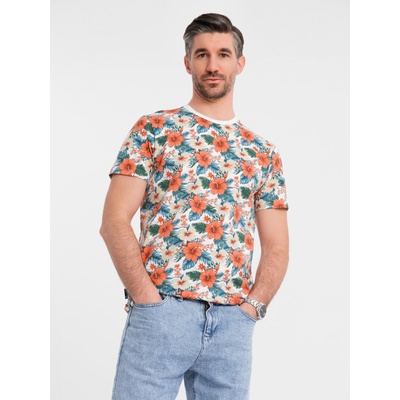 Ombre Clothing Мъжка памучна тениска с цветен мотив и цялостен печат - бяла Ombre Clothing | Byal | МЪЖЕ | S