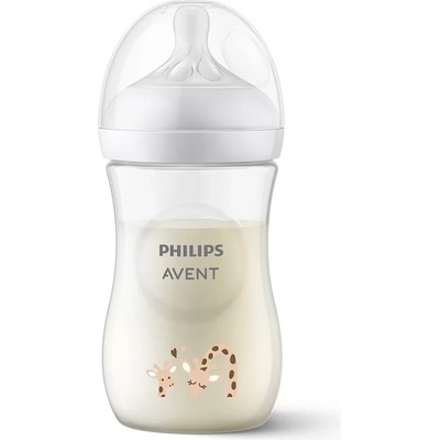 Philips Шише за хранене Philips Avent - Natural Response, 260 ml, с биберон поток 3, 1м+, с декорация Жирафи (00A.0579.001)