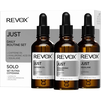 Revox B77 Комплект за ежедневна грижа Revox B77: Just сквалан подхранващо масло за лице 30 мл + Just кофеин 5% против тъмни кръгове дневен серум за очи 30 мл + Just хиалуронова киселина 5% хидратиращ флуид за лице 30 мл