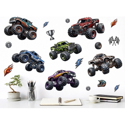 Nalepte.cz Autá typu monster truck nálepky na stenu do chlapčenskej izby list 45 x 42 cm
