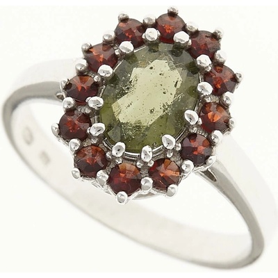 My Moldavite Stříbrný prsten s vltavínem a granáty 3075