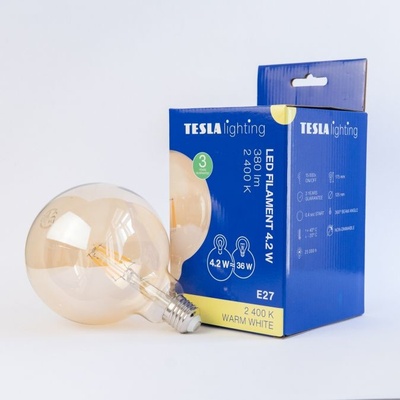 Tesla LED žárovka GLOBE G125 VINTAGE, E27, 4,2W, 230V, 380lm, 2400K, 360st, zlatá
