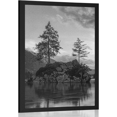 Plakát černobílá horská krajina u jezera - 20x30 white