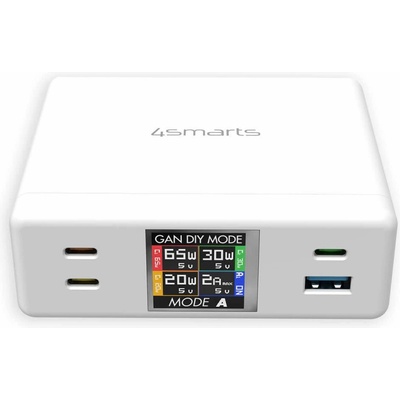 Захранване за ел. мрежа за лаптопи, смартфони и таблети с 1xUSB-A и 3xUSB-C изходи с технология за бързо зареждане - 4smarts Desk Charger GaN DIY MODE 130W (бял) (540130)