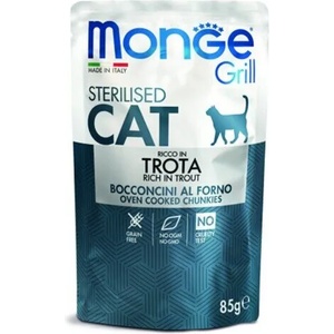 Monge Grill Sterilised с пъстърва пауч с хапки в желе за кастрирани котки в зряла възраст 85gr