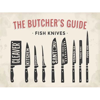 Ceduľa The Butchers Guide - Fish Knives 40 x 30 cm
