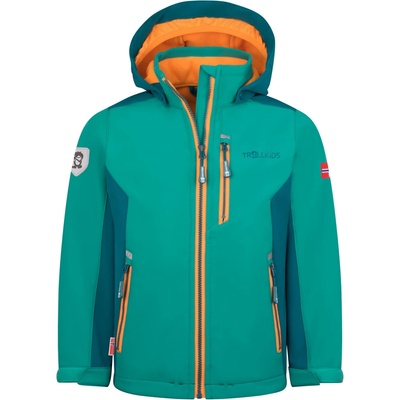 TROLLKIDS Детско софтшел яке Trollkids Kid's Balestrand Jacket Softshell jacket - Sea Green / Lagoon Green / Sahara Sunset - размер 128 (EU) (703-4381-0516)