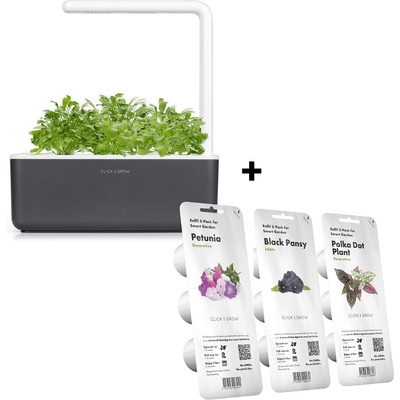Click & Grow Комплект Click and Grow смарт саксия Smart Garden 3, Сива + семена 3 броя - Черна теменужка/ Петуния/Хипоестес (SGS8UNI_Flower Bundle)