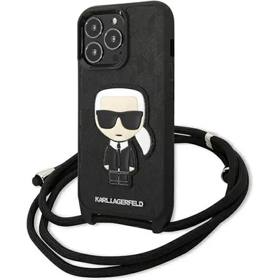 KARL LAGERFELD KLHCP13LCMNIPK iPhone 13 Pro 6, 1" черен твърд калъф с кожена монограмма и корда Iconik (KLHCP13LCMNIPK)