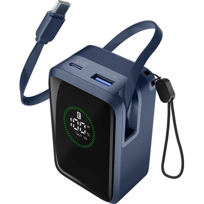 Cellularline Външна батерия ROLLER 10000 mAh 45W, ролетен кабел, LED дисплей, синя 15426