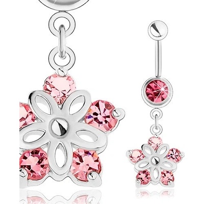 Šperky eshop ocelový piercing do pupíku stříbrný odstín blýskavý kvítek růžové zirkony SP23.28