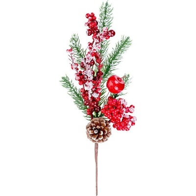 MagicHome Vánoční větvička s bobulemi a šiškou červená zasněžená 32 cm