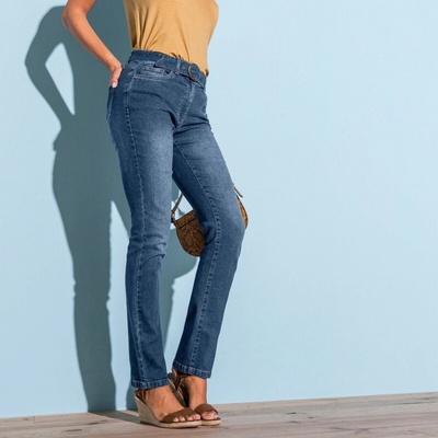 Rovné džínsy s opaskom pre nižšiu postavu modrá