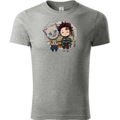 Demon Slayer Tričko Chibi Tanjiro & Inosuke šedá