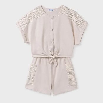 Mayoral Комплект къси панталони джобове и къса тениска с копчета в мръсно бял цвят за момиче Майорал