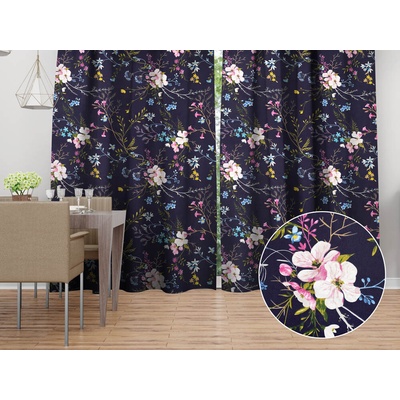 Biante Bavlnený záves Sandra SA-557 Modro-ružové kvety na tmavo modrom 150x140 cm