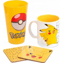 CurePink Dárkový set Pokémon Pikachu Keramický hrnek sklenice 2 tácky sklenice hrnek tácky 10 cm GFB0077 315 ml 10 x 500 ml