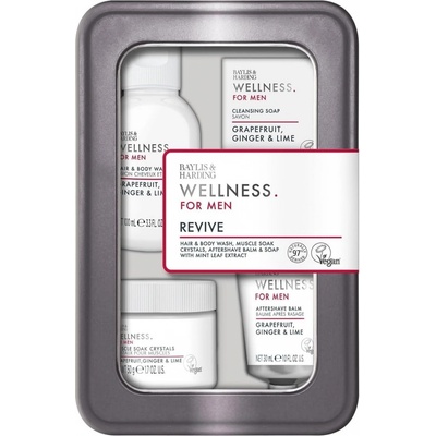 Baylis & Harding Wellness. For Men umývací gél na telo a vlasy 100 ml + soľ do kúpeľa 50 g + balzam po holení 30 ml + tuhé mydlo 25 g kozmetická sada