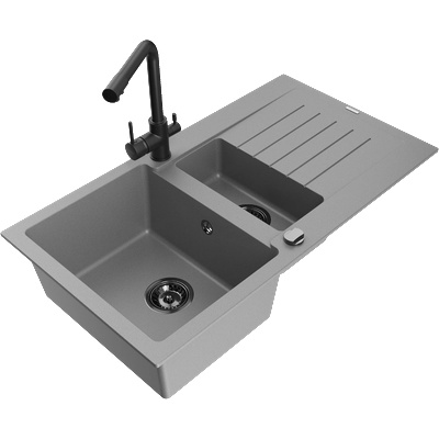 Mexen Matias гранитна мивка 1, 5-коморна с отцедник и кухненски смесител Duero, сив - 6502-71-671600-70-B (6502-71-671600-70-B)