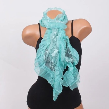 Image 1 of Дантелен шал в тюркоазено зелено с цветя и къдрички