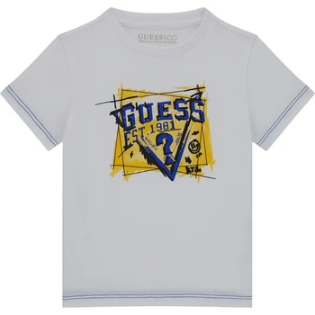 GUESS Бяла блуза с къс ръкав за мини момче с лого в жълто и светло синьо Guess