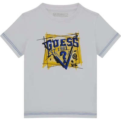 GUESS Бяла блуза с къс ръкав за мини момче с лого в жълто и светло синьо Guess