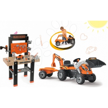 Smoby Set pracovná dielňa Black & Decker s vŕtačkou a traktor Power Builder Max s prívesom a bagrom