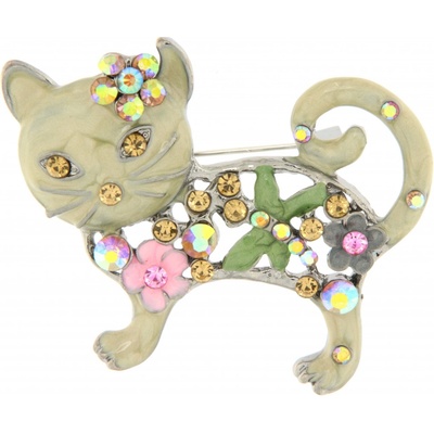 Biju brož glazurovaná olivově zelená kočička s barevnými zirkony 9001360-3