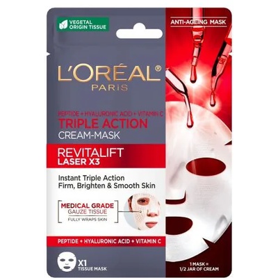 L'Oréal Revitalift Laser X3 Triple Action Tissue Mask маска за лице с троен ефект против стареене 28 гр за жени