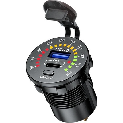BIKETEC PRO motocyklová zásuvka USB 3.0 QC USB-C/USB-A s voltmetrem (EL)