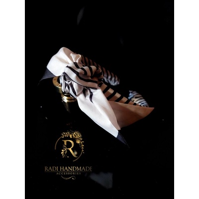 Radi handmade Стилна диадема с възел и панделка в екрю и черно рае (854)