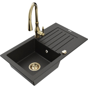 Mexen Pablo гранитна мивка с 1 отделение с отцедник и кухненски смесител Savita, черен/златен металик - 6510-75-672601-50 (6510-75-672601-50)