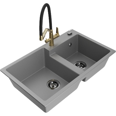 Mexen Tomas гранитна кухненска мивка с две камери и кухненски смесител Duo, сив - 6516-71-671701-57-B (6516-71-671701-57-B)